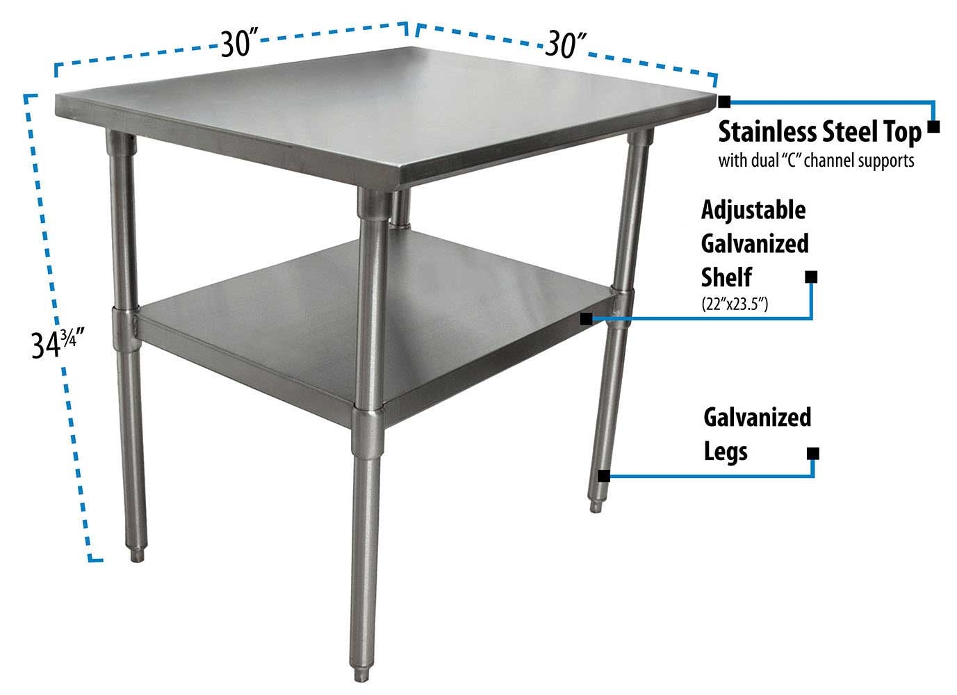 BK Resources 18 Gallon T-430 Stainless Steel Flat Top Work Table with Galvanized Undershelf and Galvanized Legs, 30 inch Width x 30 inch Depth
