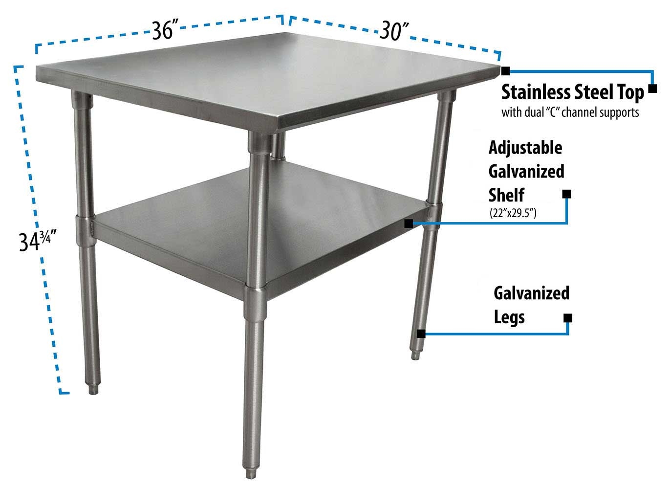 BK Resources 18 Gallon T-430 Stainless Steel Flat Top Work Table with Galvanized Undershelf and Galvanized Legs, 36 inch Width x 30 inch Depth