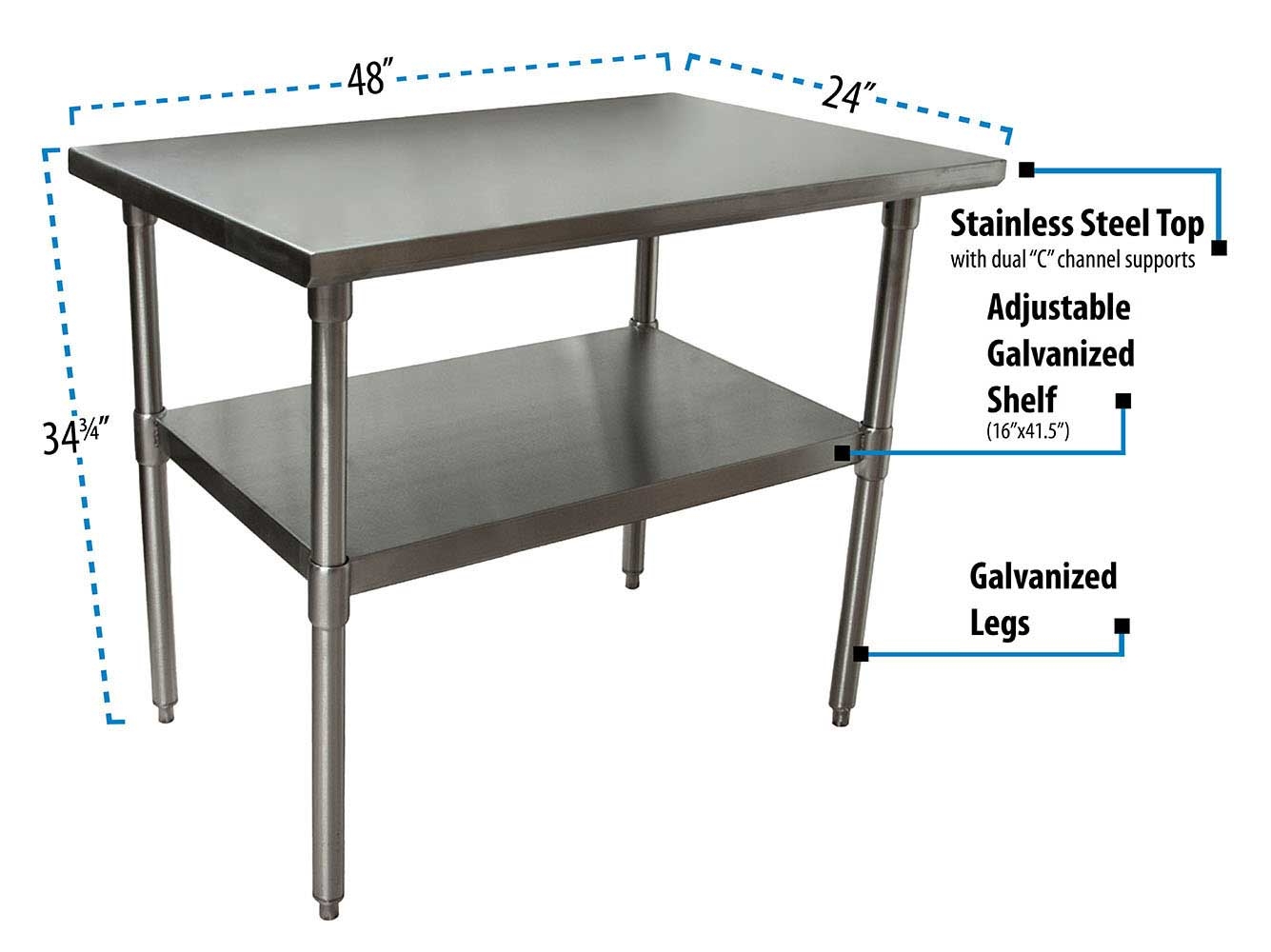 BK Resources 18 Gallon T-430 Stainless Steel Flat Top Work Table with Galvanized Undershelf and Galvanized Legs, 48 inch Width x 24 inch Depth