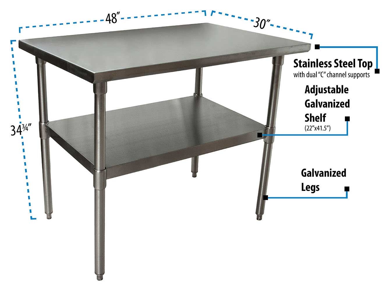 BK Resources 18 Gallon T-430 Stainless Steel Flat Top Work Table with Galvanized Undershelf and Galvanized Legs, 48 inch Width x 30 inch Depth
