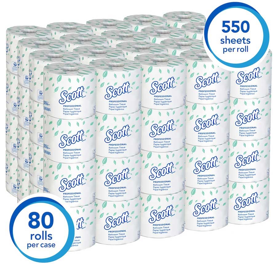 Scott Essential Professional 2 Ply White Standard Roll Toilet Paper Tissue, 4 x 4.1 x 19 inch - 550 sheets per roll -- 80 rolls per case
