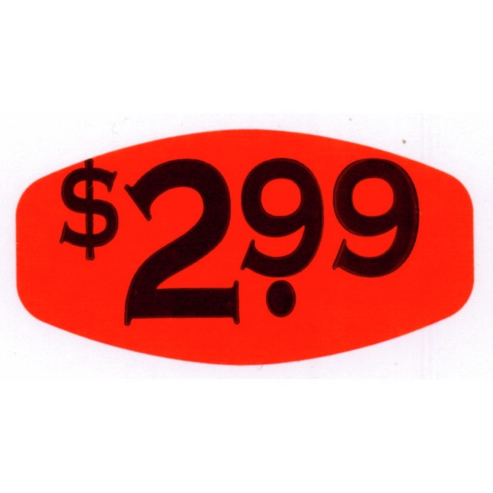 Bollin Red Glo Small Oval $2.99 Price Label, 0.625 x 1.25 inch -- 1000 per roll