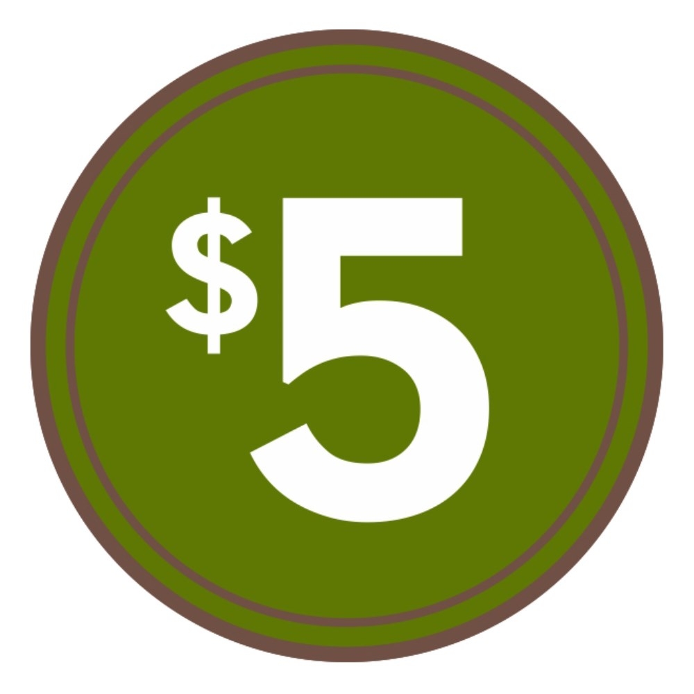 Bollin Green/Brown/White $5 Dollar Circle Label, 2 x 2 inch -- 1000 per roll