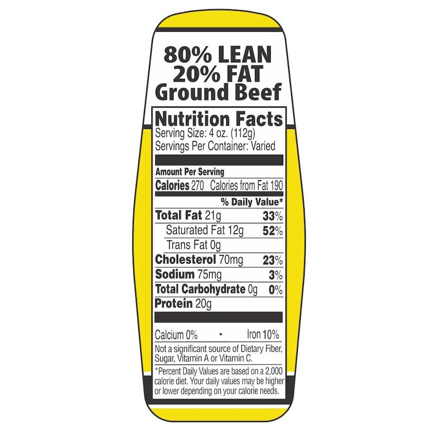 Bollin Label 80 Percent Lean 20 Percent Fat Ground Beef Nutritional Grinds Label, 1.5 x 3.62 inch - 500 per roll