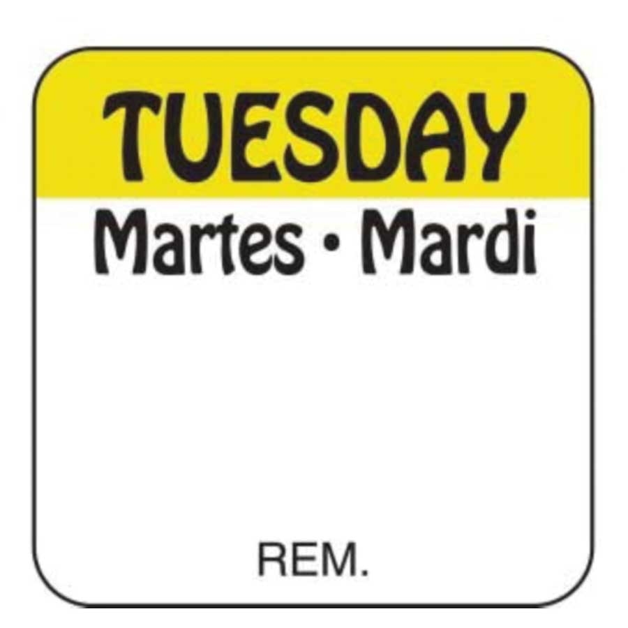 Bollin Label Tuesday 2 Martes Mardi Date Trilingual Label -- 1000 rolls per case