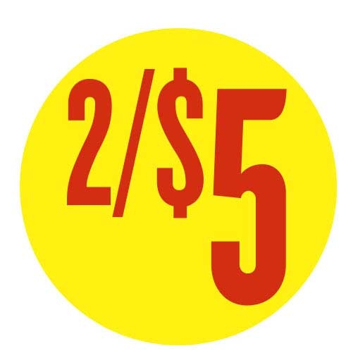 Bollin Label Paper Yellow/Red 2/$5 Label, 1.5 inch - 500 per roll