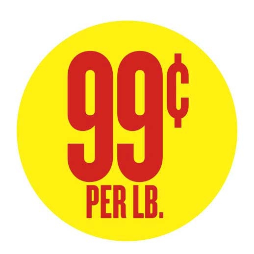Bollin Label Paper Yellow/Red $.99 Per Lb Label, 1.5 inch - 500 per roll