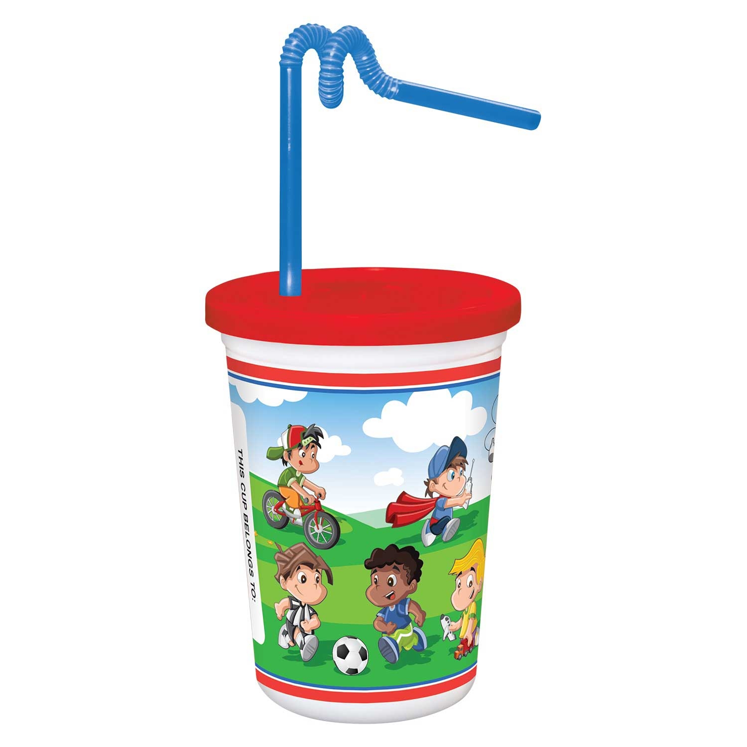 Berk White Plastic Kids Cup with Red Lid and Kurly Straw, 12 Ounce -- 250 per case