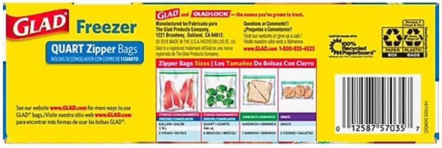 Glad Zipper Freezer Bag, 1 Quart -- 180 Per Case