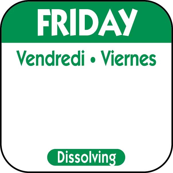 National Checking Green Paper Friday Vendredi Viernes Trilingual Dissolving Label, 1 x 1 inch -- 1000 per case
