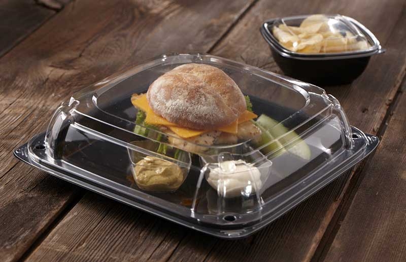 Sabert UltraStack Black Square Platter with Clear Dome Lid, 16 inch -- 25 per case