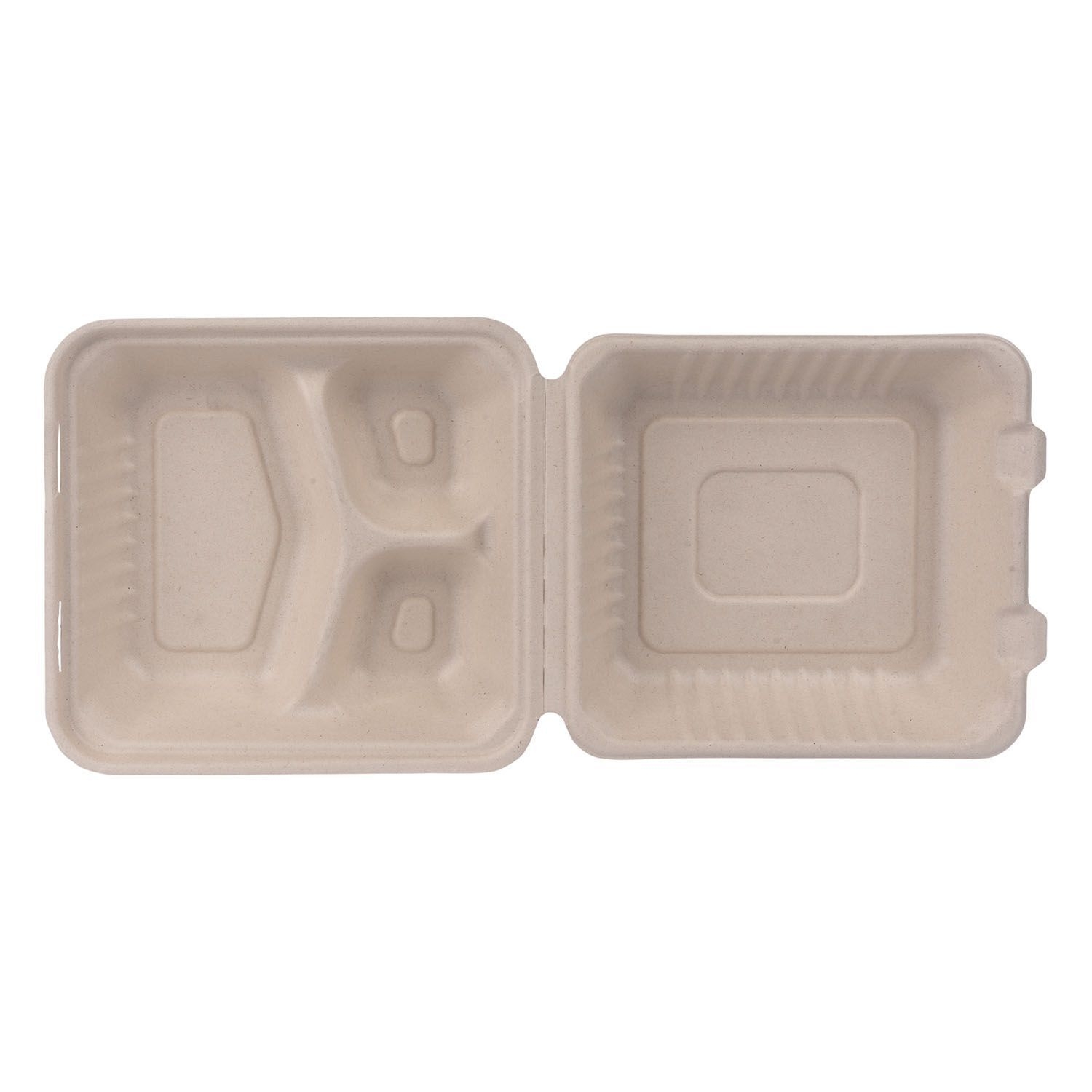 Premier Essential Bagasse Kraft Molded Fiber 3 Compartment Clamshell Hoagie Container, 8 x 8 x 3 inch -- 200 per case.