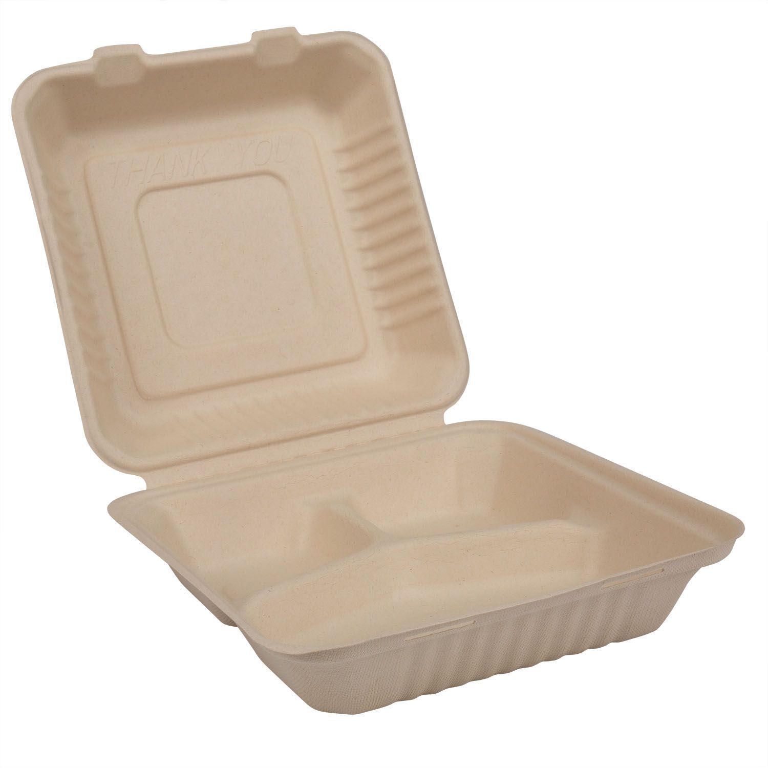 Premier Essential Bagasse Kraft Molded Fiber 3 Compartment Clamshell Hoagie Container, 9 x 9 x 3 inch -- 200 per case.