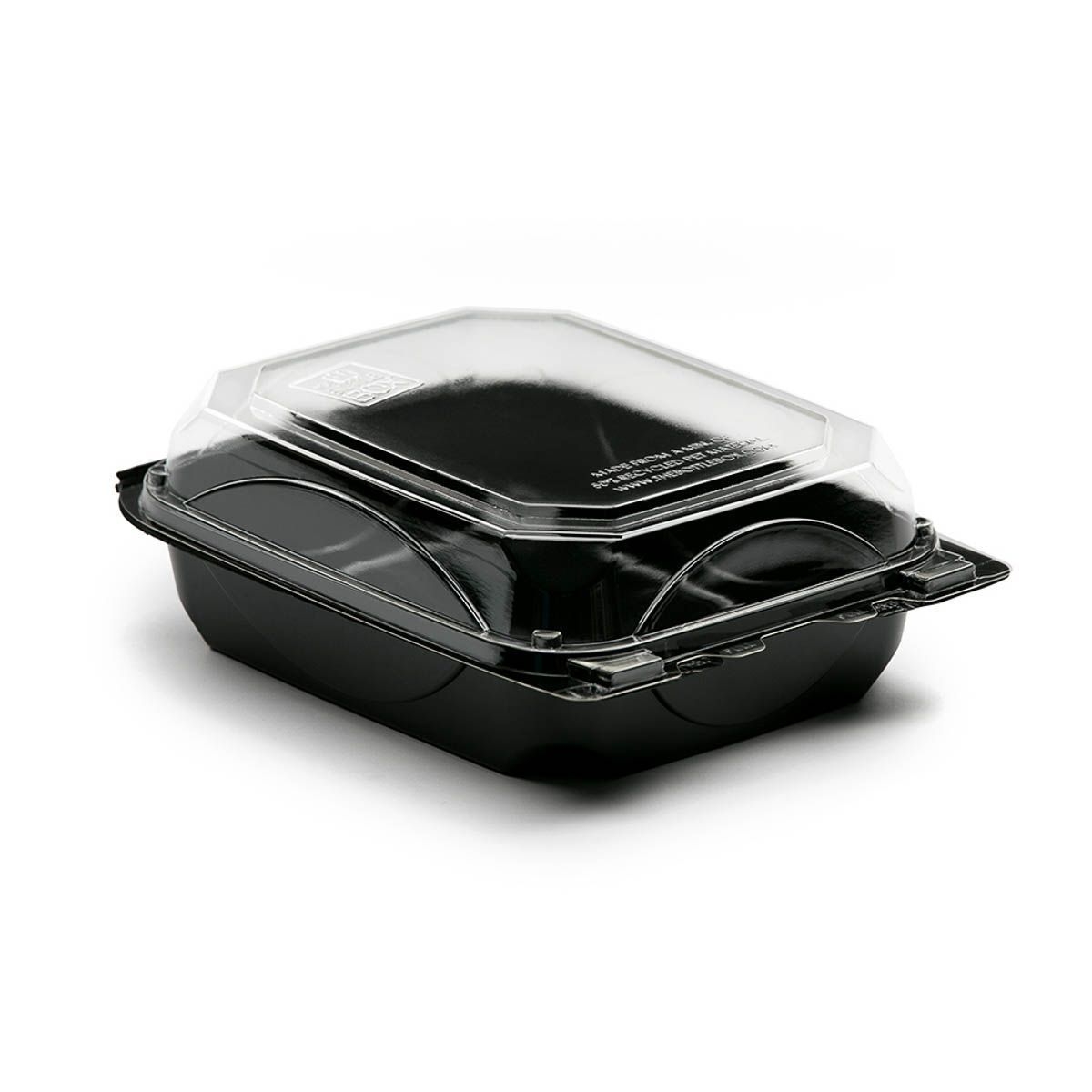 The BottleBox PET Black and Clear One Piece Hinged Container, 8.60 x 6.60 x 2.88 inch -- 250 per case.