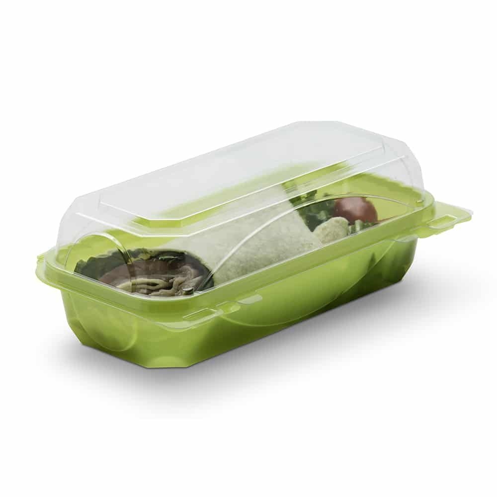 The BottleBox PET Lime Green and Clear One Piece Hinged Container, 8.75 x 4.70 x 2.85 inch -- 250 per case.