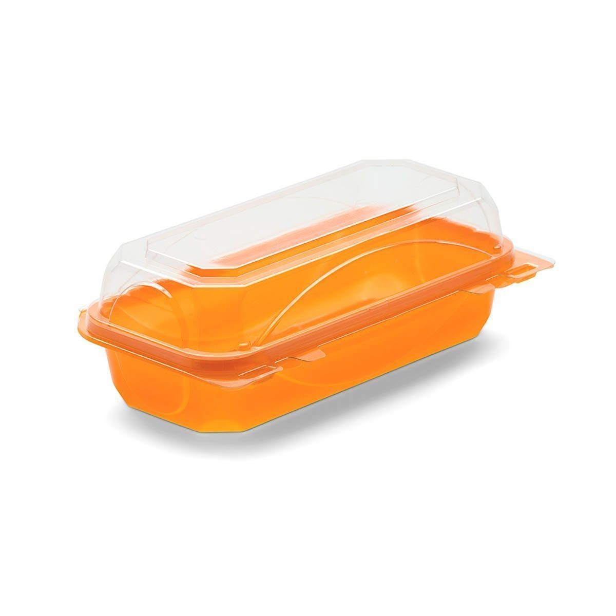 The BottleBox PET Tangerine and Clear One Piece Hinged Container, 8.75 x 4.70 x 2.85 inch -- 250 per case.