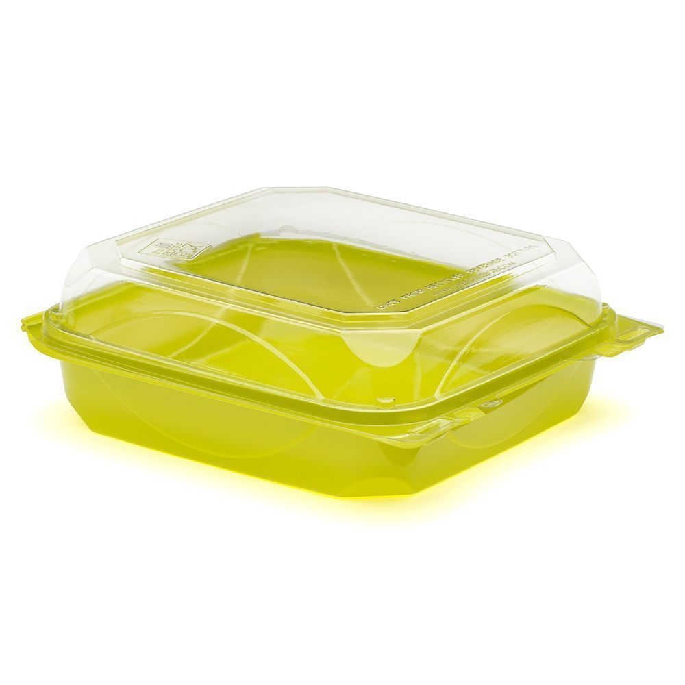The BottleBox PET Lime Green and Clear One Piece Hinged Container, 8.46 x 7.96 x 2.88 inch -- 200 per case.