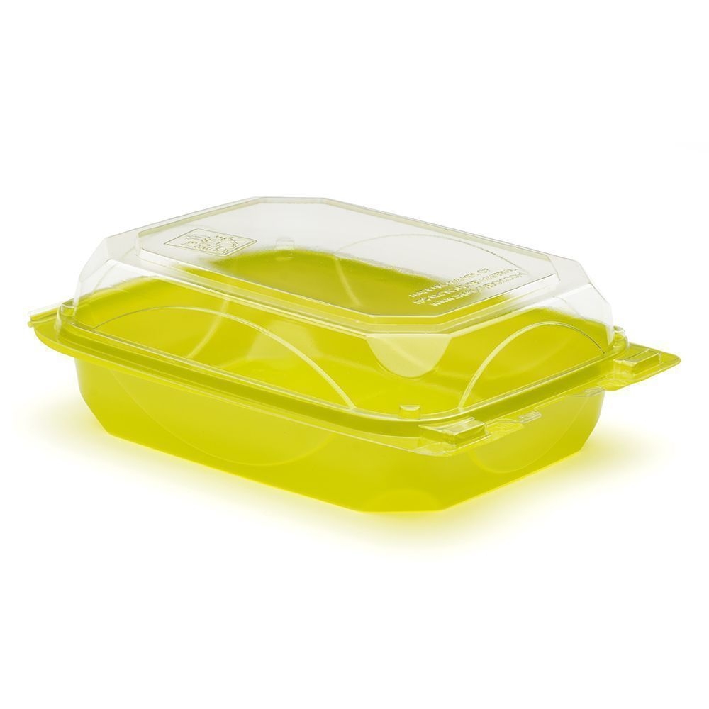 The BottleBox PET Lime Green and Clear One Piece Hinged Container, 8.60 x 6.60 x 2.88 inch -- 250 per case.