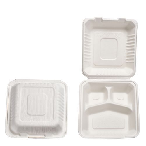 Teh Tung Morex Bamboo Mix Bagasse Molded Fiber Medium 3 Compartment Clamshell Hinged Food Container, 8 x 8 x 3 inch -- 200 per case.