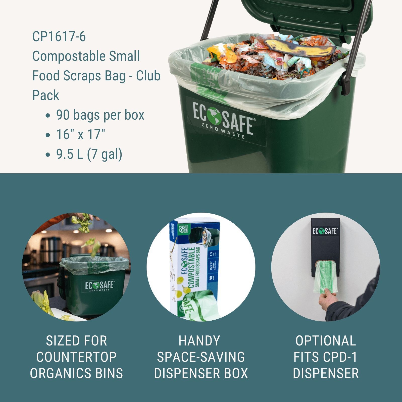 EcoSafe 0.6 Mil Compostable Small Food Scraps Bag – Club Pack, 16 x 17 inch -- 900 per case.