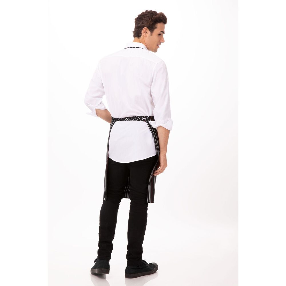Chef Works Black with White and Red Striped Bib Apron, 34 inch Long x 24 inch Wide