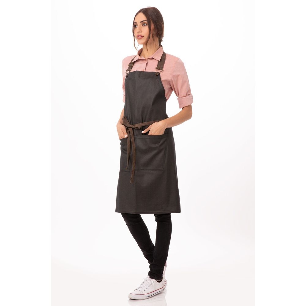 Chef Works Brown Black Boulder Bib Apron, 34 inch Long x 30 inch Wide