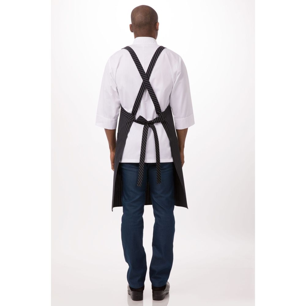 Chef Works Black with White Pinstripe Cross-Back Bib Apron, 35.5 inch Long x 31 inch Wide