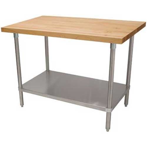 Wood Top Table with Undershelf - Stainless Steel Base, 30 x 36 inch.