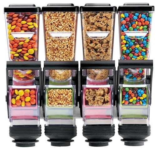 Server SlimLine Wall Mount Quad Dry Food and Candy Dispenser with Bracket, 1.4 Liter