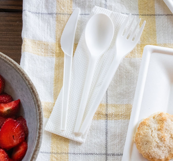 Kitch 24/7 Compostable White Fork Knife Spoon with Napkin Wrapped Kit -- 250 per case
