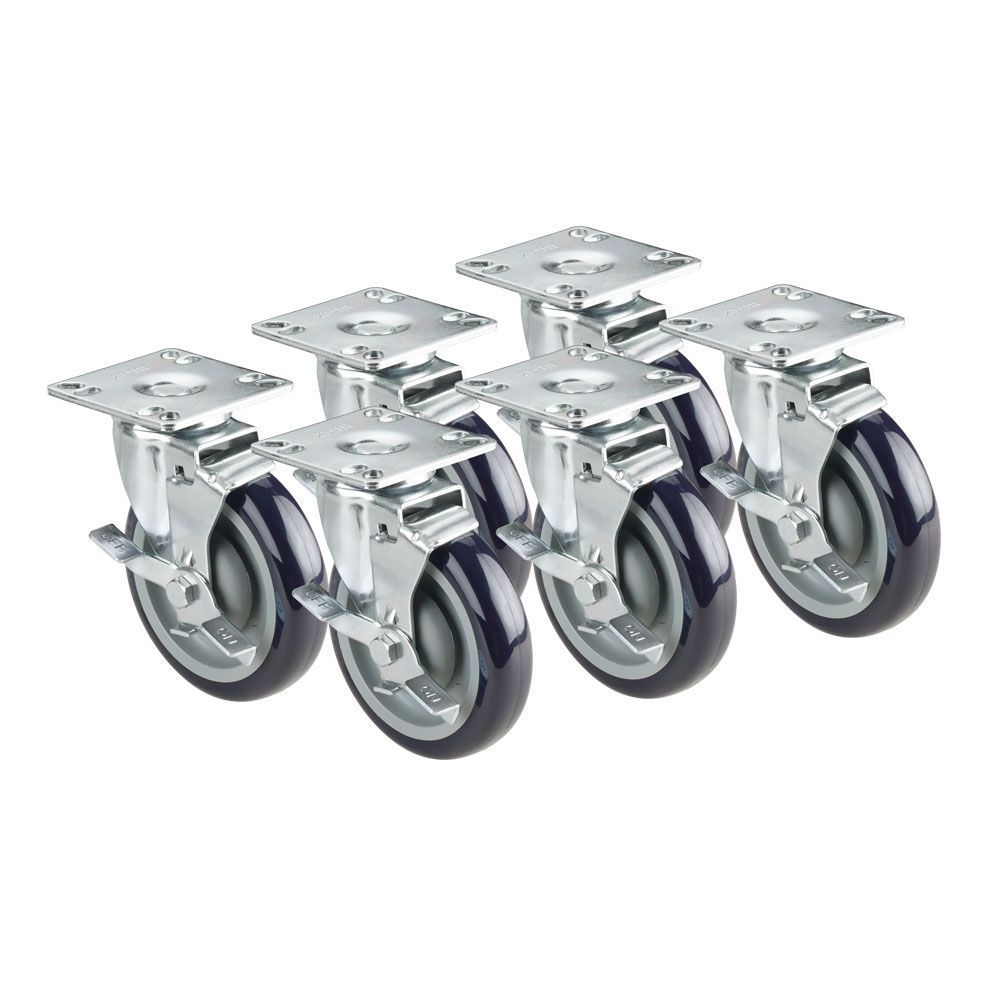 Krowne 6 inch Overall 3.5 x 3.5 inch Plate Casters with 5 inch Wheels and Side Brakes for Refrigeration, set of 6
