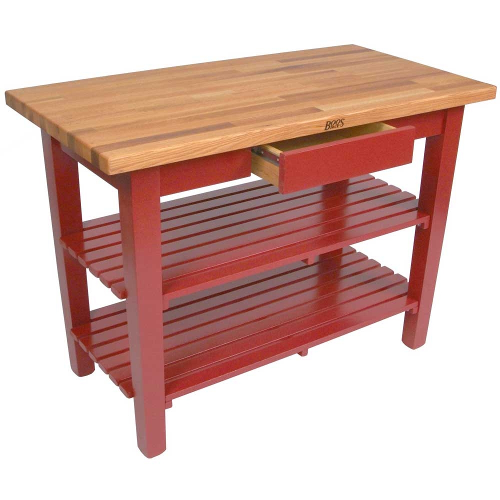 John Boos Natural Base Cream Finish Red Oak Finger Jointed Top C Table with Drawer and Two Shelves, 48 x 25 x 1.5 inch.