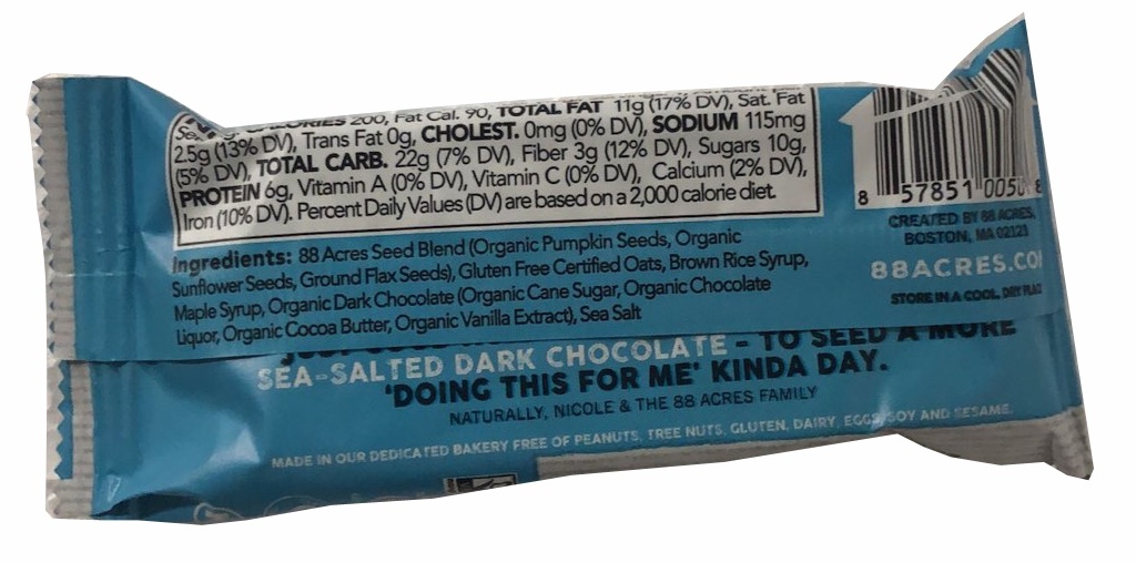 88 Acres Dark Chocolate Sea Salt Seed Bar, 9 bars per pack -- 6 packs per case