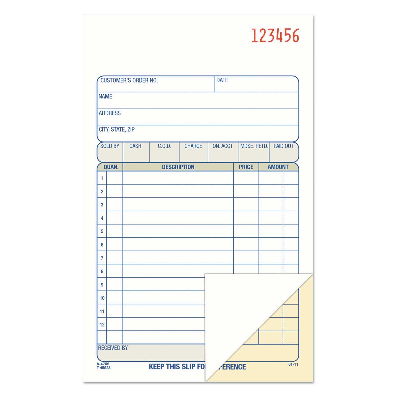 Adams 2 Part Carbonless White Sales Order Book, 4 3/16 x 7 3/16 inch - 50 sets per book