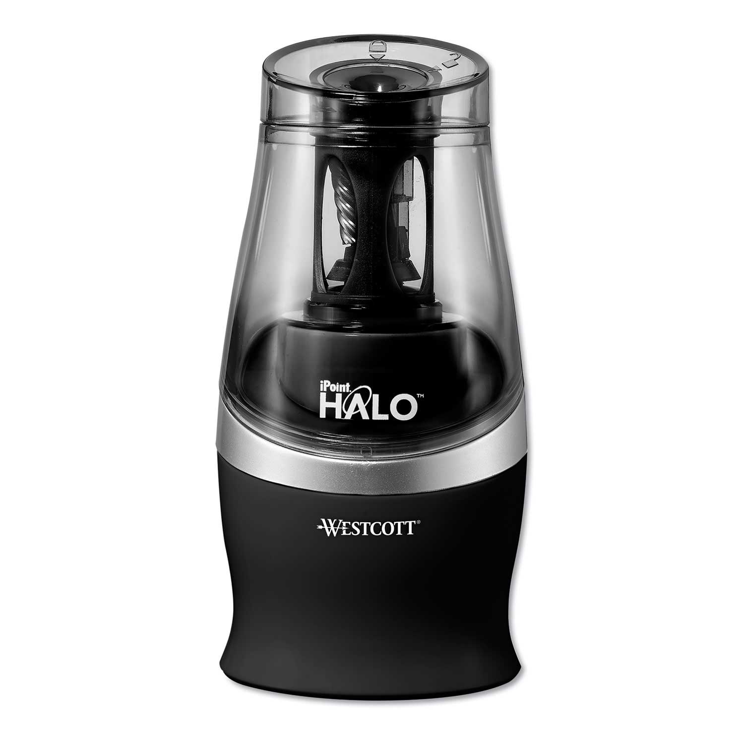 Westcott Black/Silver Halo Colored Pencil Non-Stick Electric Sharpener, 3.5 x 3.5 x 6.75 inch