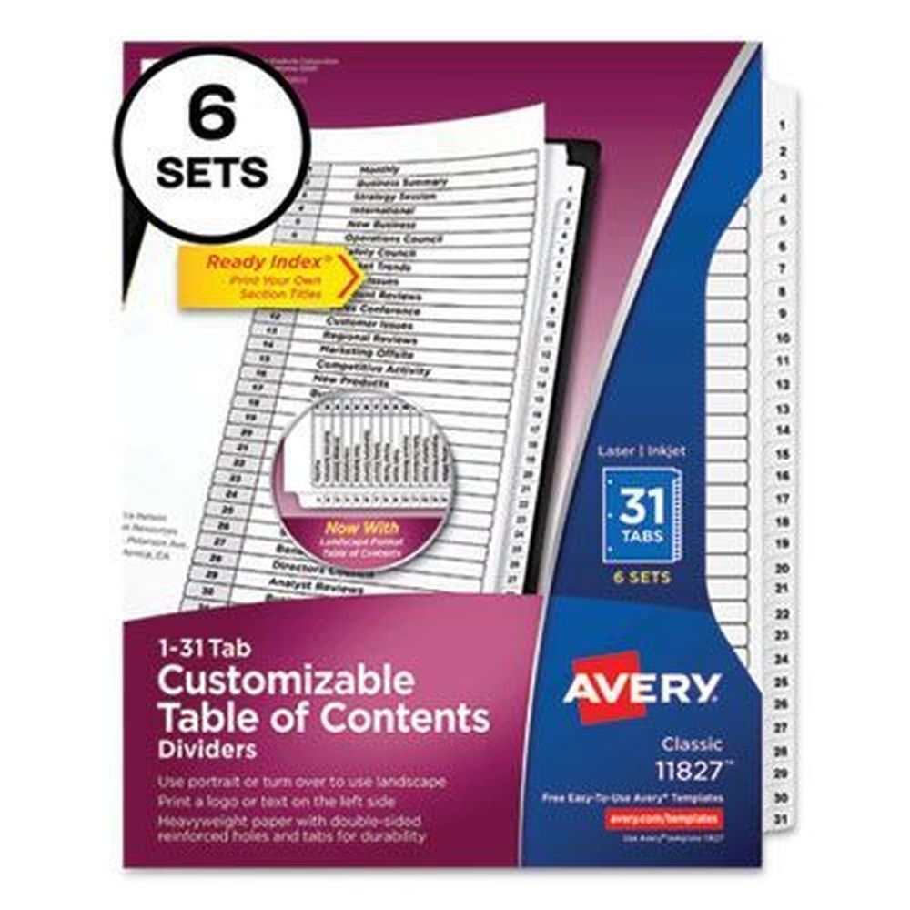 Avery 1 To 31 Customizable Table Of Contents Ready Index Black And White Dividers, 31-tabs -- 6 Sets Per Pack