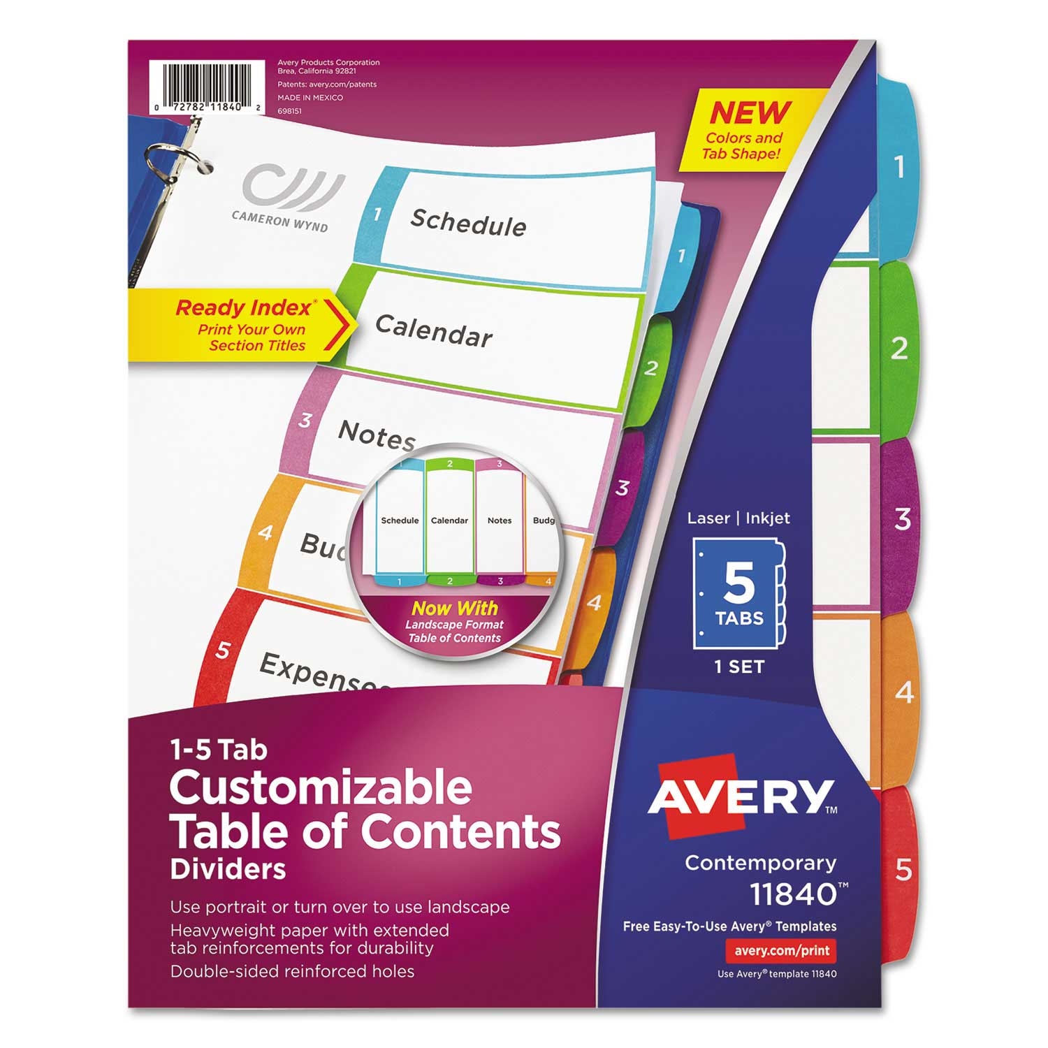 Avery Ready Index 5 Tab Binder Dividers with Customizable Table of Contents and Contemporary Multicolor Tabs, 8-1/2 inch x 11 inch -- 1 set
