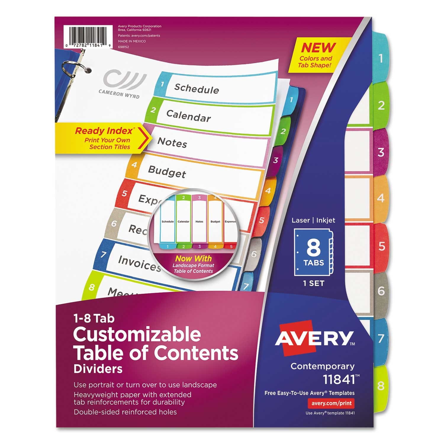 Avery Ready Index 8 Tab Binder Dividers with Customizable Table of Contents and Contemporary Multicolor Tabs, 8-1/2 inch x 11 inch -- 1 set