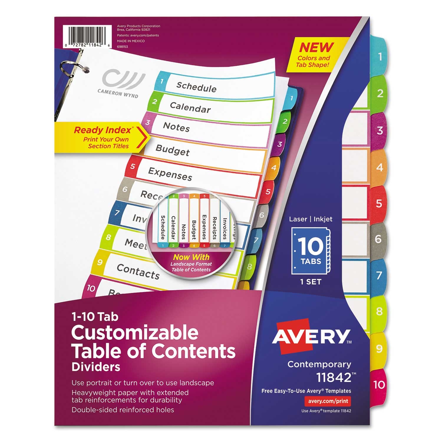 Avery Ready Index 10 Tab Binder Dividers with Customizable Table of Contents and Contemporary Multicolor Tabs, 8-1/2 inch x 11 inch -- 1 set