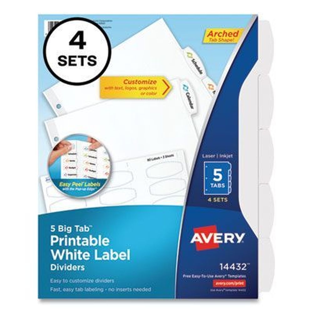 Avery White Big Tab Printable White Label Tab Divider Set, 11 X 8.5 Inch -- 4 Sets Per Case