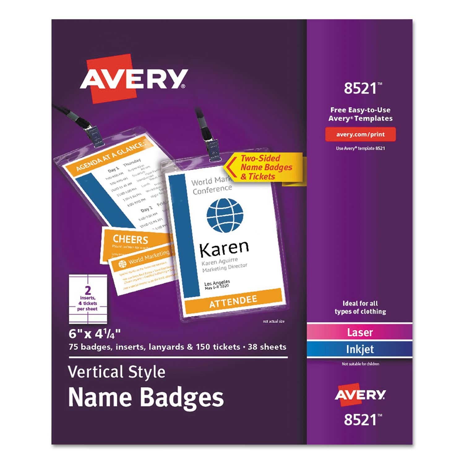 Avery Lanyard-Style Vertical Plastic Name Badge Holder with Inkjet and Laser Inserts, 4.25 x 6 inch -- 75 per case