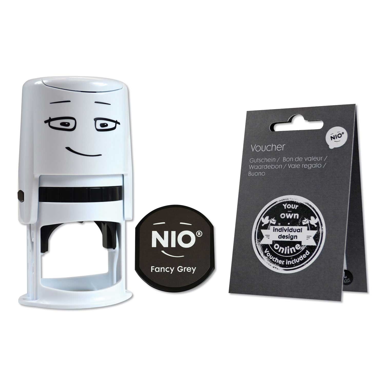 Consolidated Stamp Nio Self Inking Stamp with Voucher and Fancy Grey Ink Pad, 1.56 inch Diameter