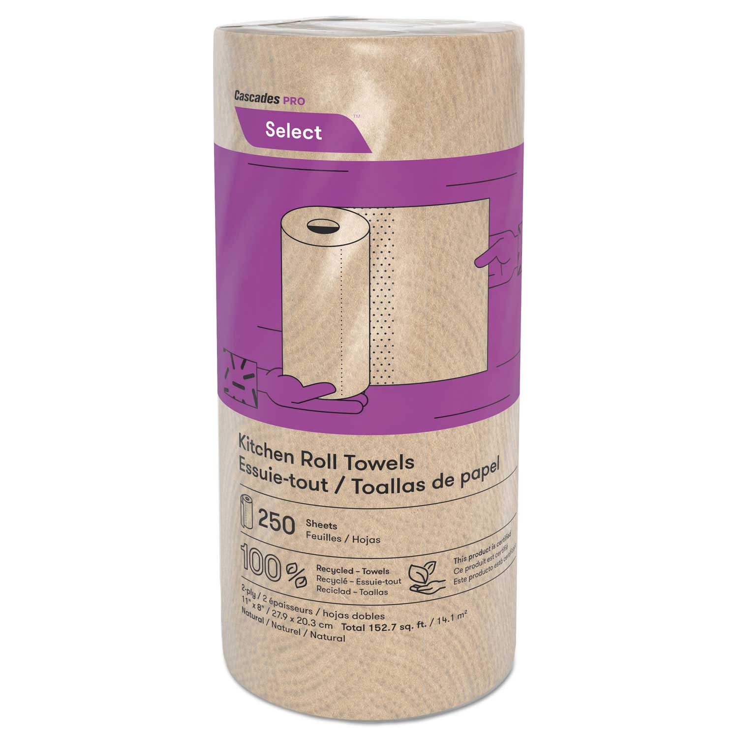 Cascades PRO Select Natural 2 Ply Kitchen Paper Roll Towel, 11 inch x 166.6 feet - 250 per roll -- 12 per case