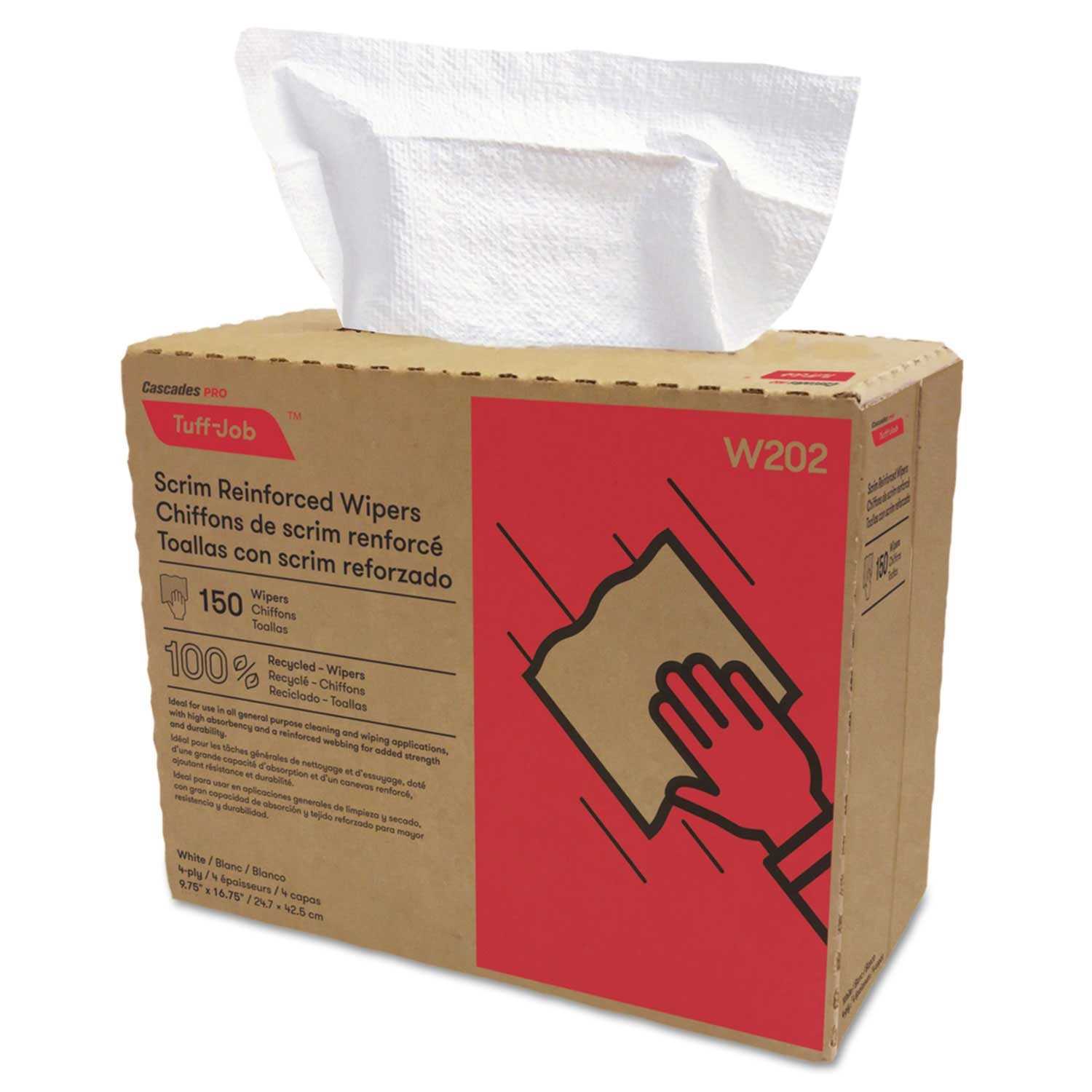 Cascades PRO Tuff Job White Interfold Pop Up Scrim Reinforced Wiper, 9 3/4 x 16 3/4 inch - 150 per pack -- 6 packs per case