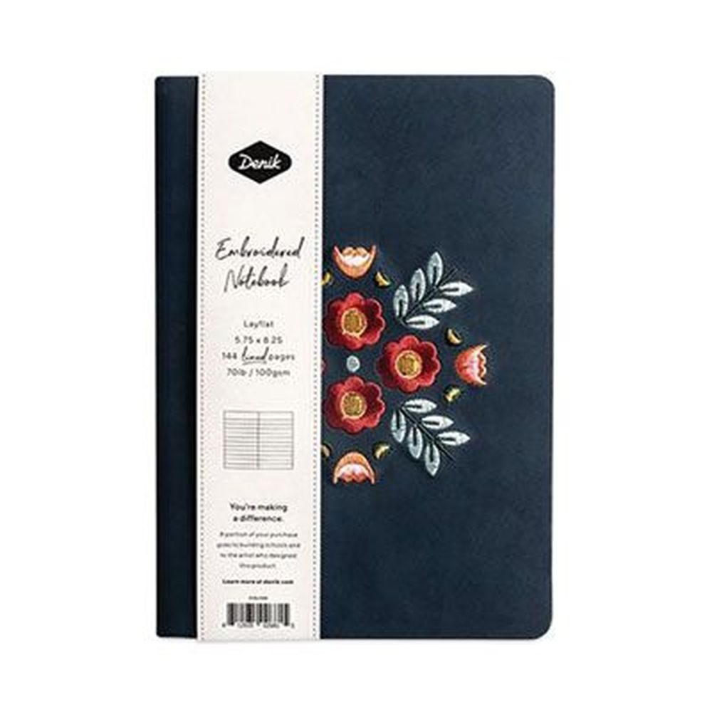 Denik College Rule Embroidered Vegan-Suede Layflat Hardbound Journal with Dark Blue Cover, 72 Sheets