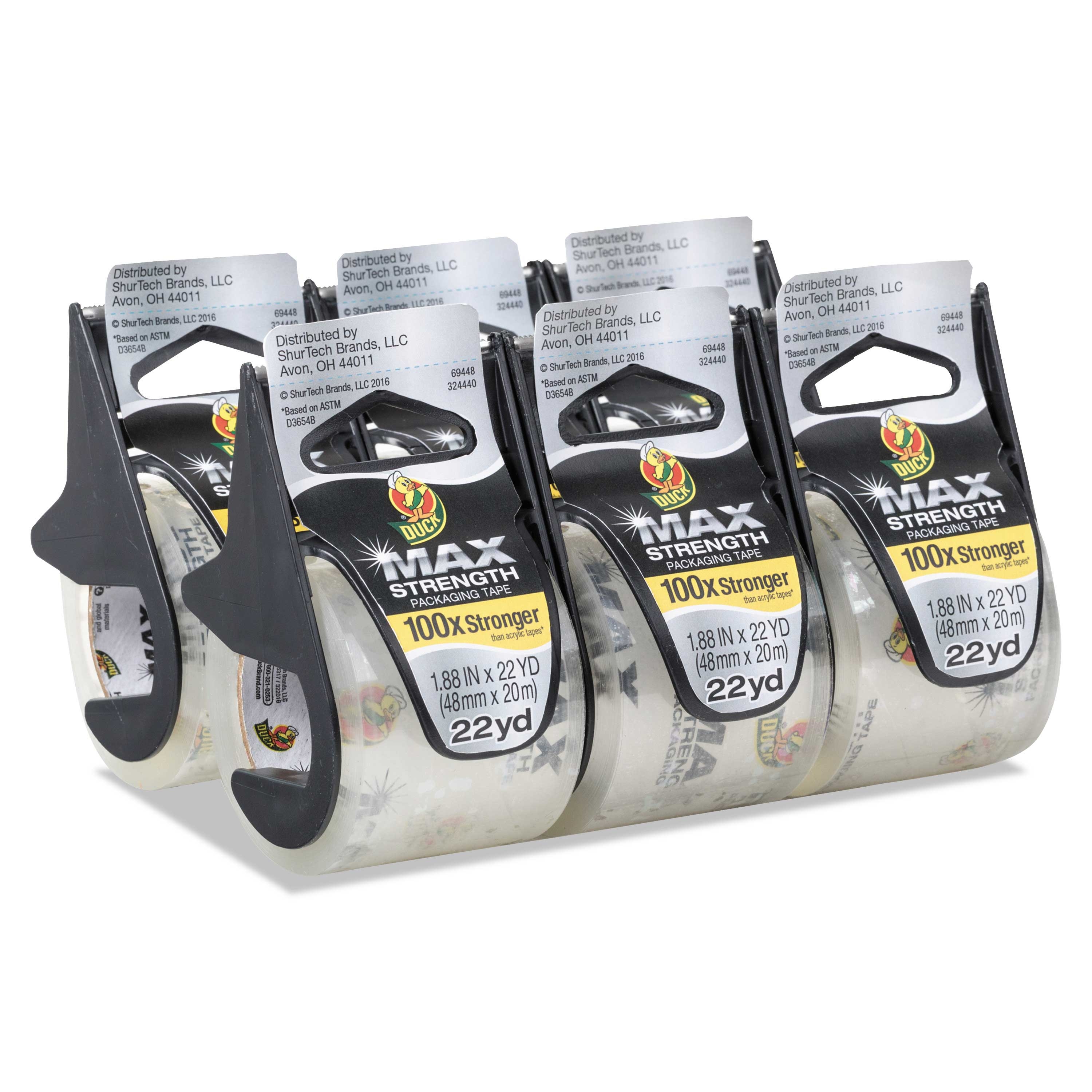 Duck Crystal Clear 1.5 inch Core Max Packaging Tape with Dispenser, 1.88 inch x 22 Yard - 6 count per pack -- 1 pack per case