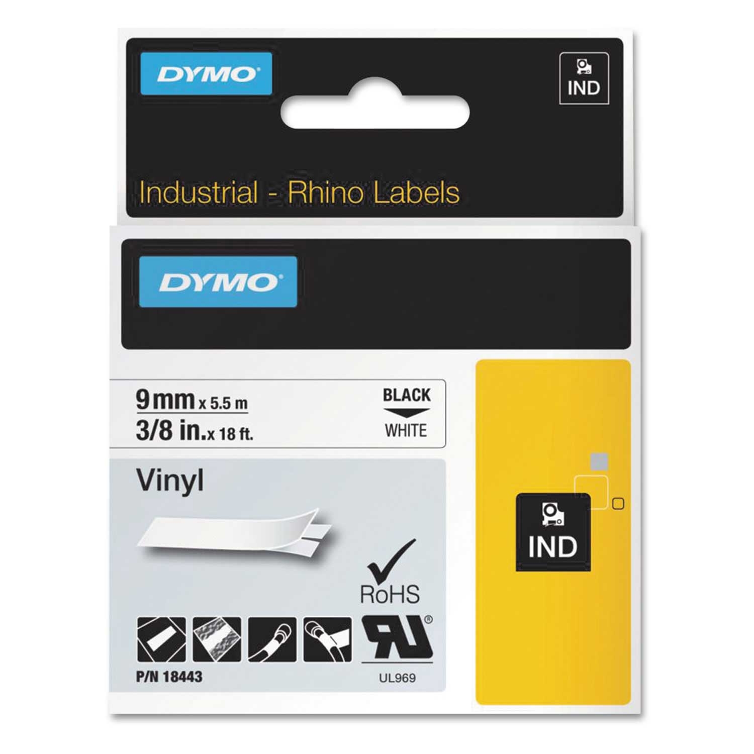 DYMO White/Black Print Rhino Permanent Vinyl Industrial Label Tape, 0.37 x 18 Feet