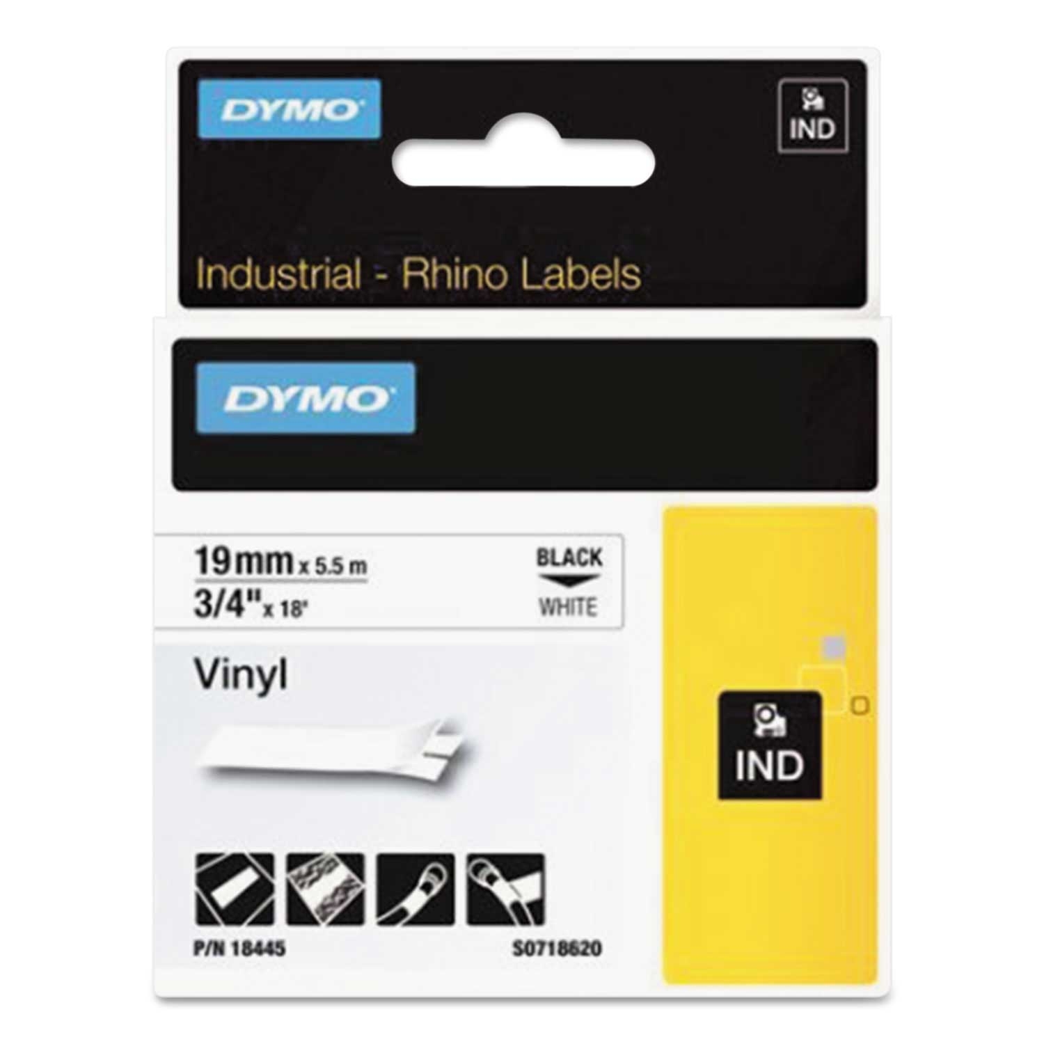 DYMO White/Black Print Rhino Permanent Vinyl Industrial Label Tape, 0.75 x 18 Feet