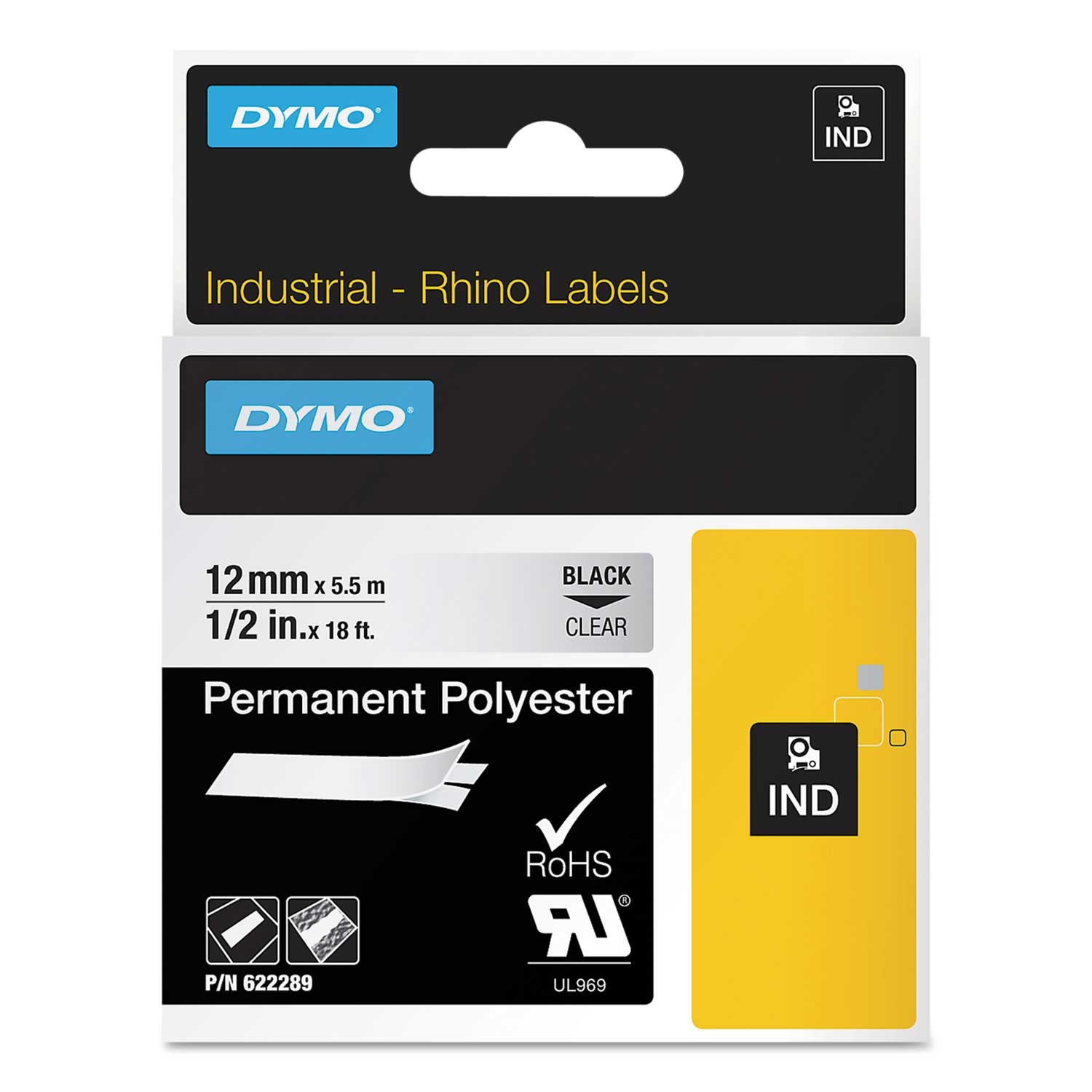 DYMO Clear/Black Print Rhino Permanent Vinyl Industrial Label Tape, 0.5 x 18 Feet