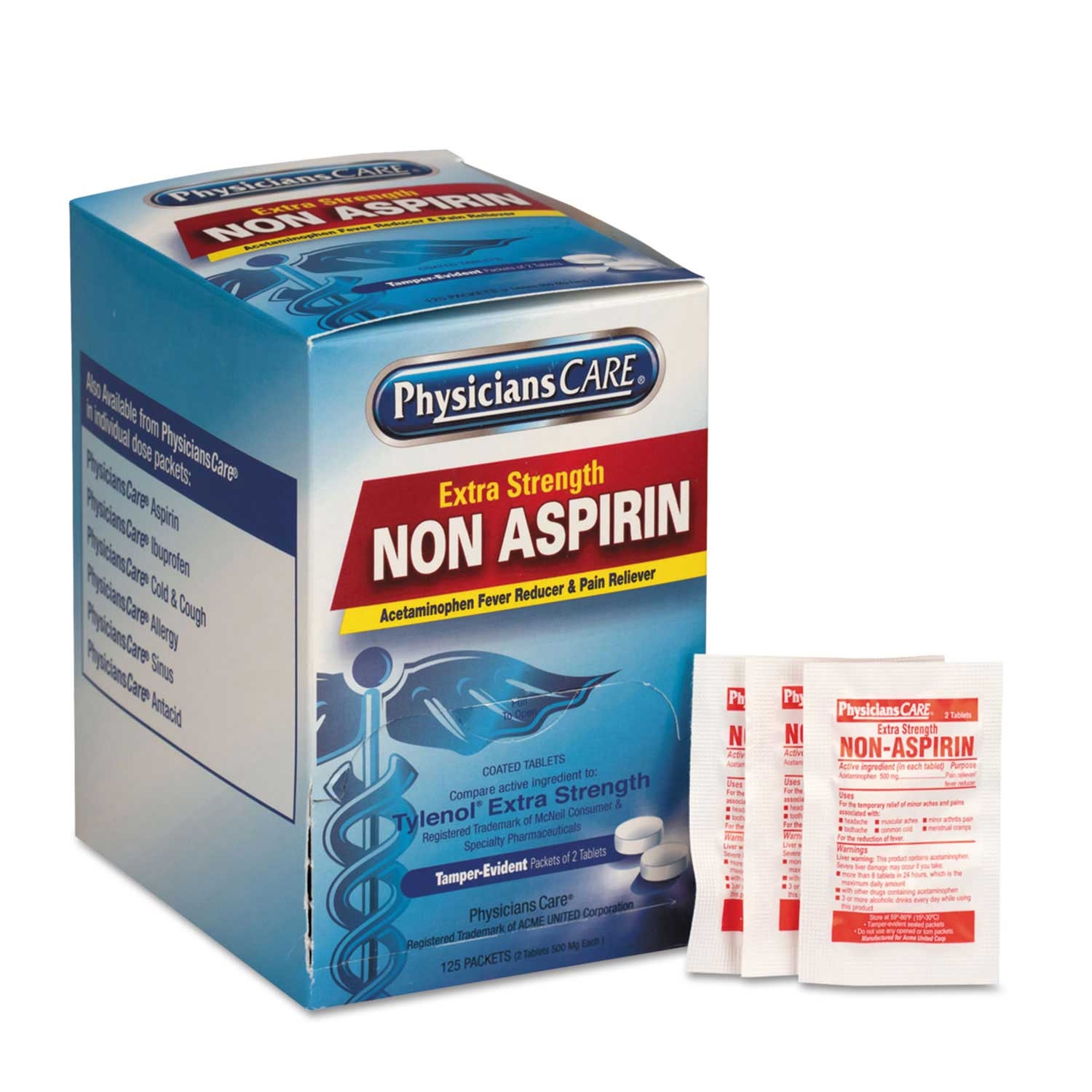 PhysiciansCare Xstrength Non-Aspirin Acetaminophen Fever Reducer and Pain Reliever - 2 per pack -- 125 packs per box